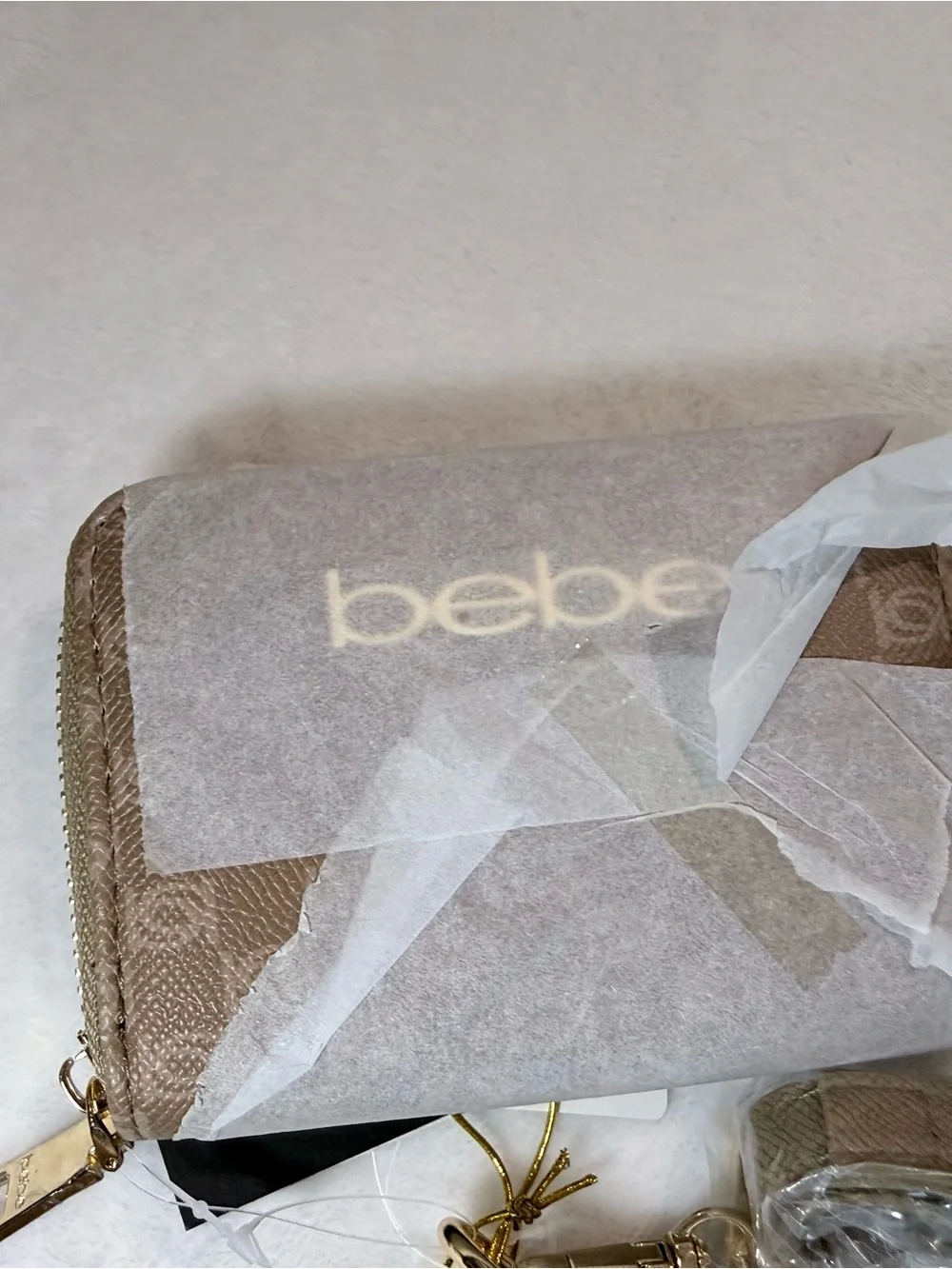bebe Taupe Logo Crossbody Bag with Gold Hardware